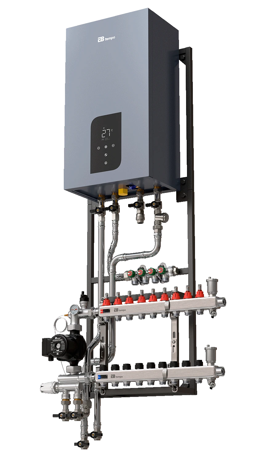 Основа системы отопления E8 HeatBox на 9 контуров отопления с газовым двухконтурным котлом E8GHB24W, трубы нержавеющая сталь