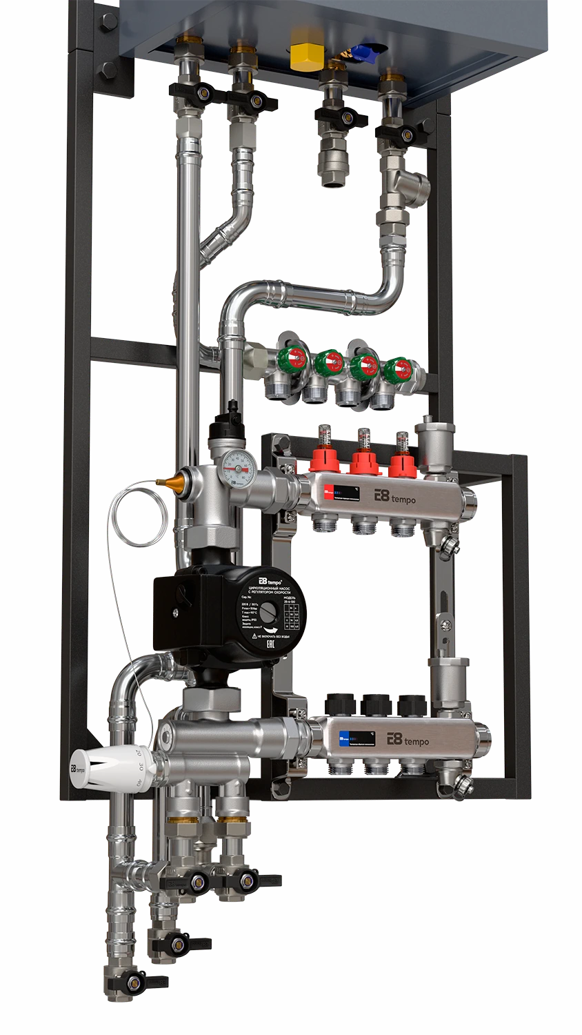 Основа системы отопления E8 HeatBox на 3 контура отопления с газовым двухконтурным котлом E8GHB24W, трубы нержавеющая сталь