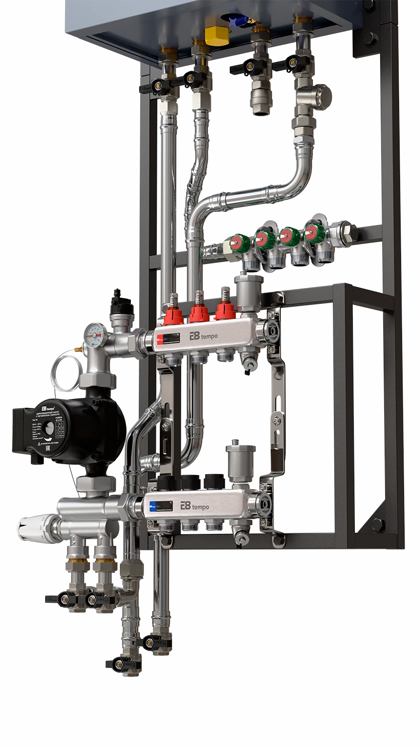 Основа системы отопления E8 HeatBox на 3 контура отопления с газовым двухконтурным котлом E8GHB24W, трубы нержавеющая сталь