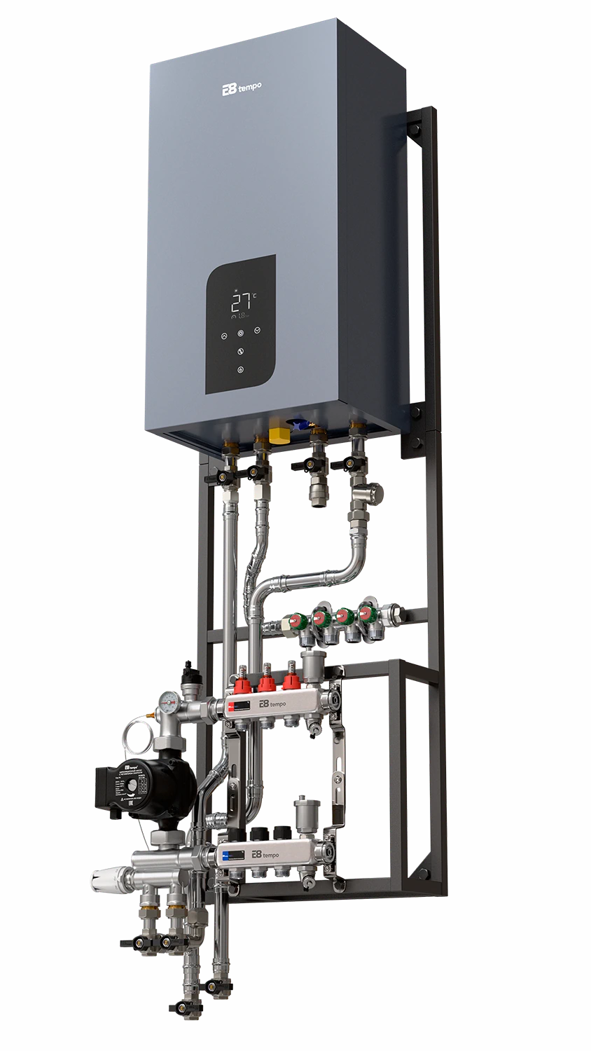 Основа системы отопления E8 HeatBox на 3 контура отопления с газовым двухконтурным котлом E8GHB24W, трубы нержавеющая сталь