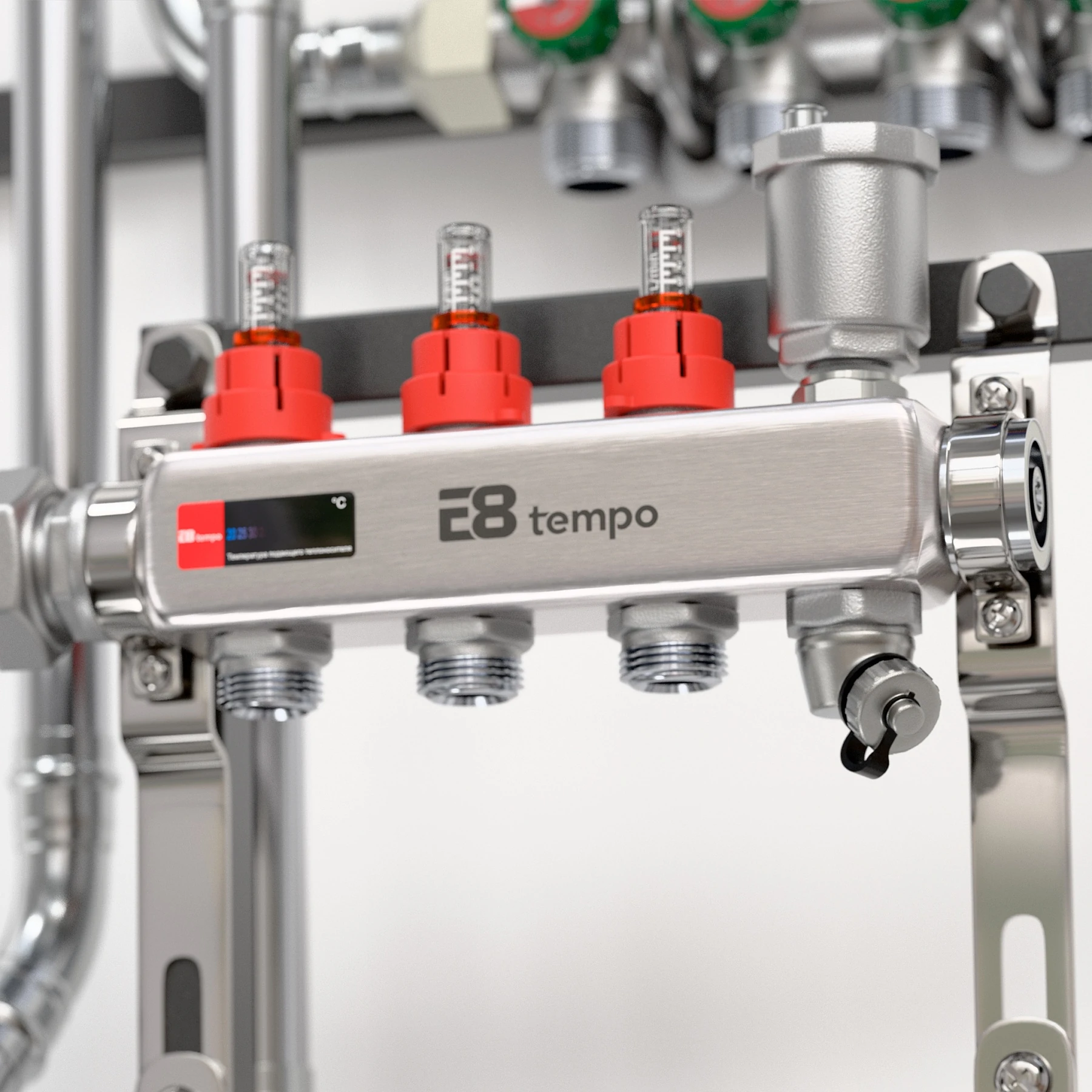 Основа системы отопления E8 HeatBox на 5 контуров тёплого пола с газовым двухконтурным котлом E8GHB24W, трубы нержавеющая сталь