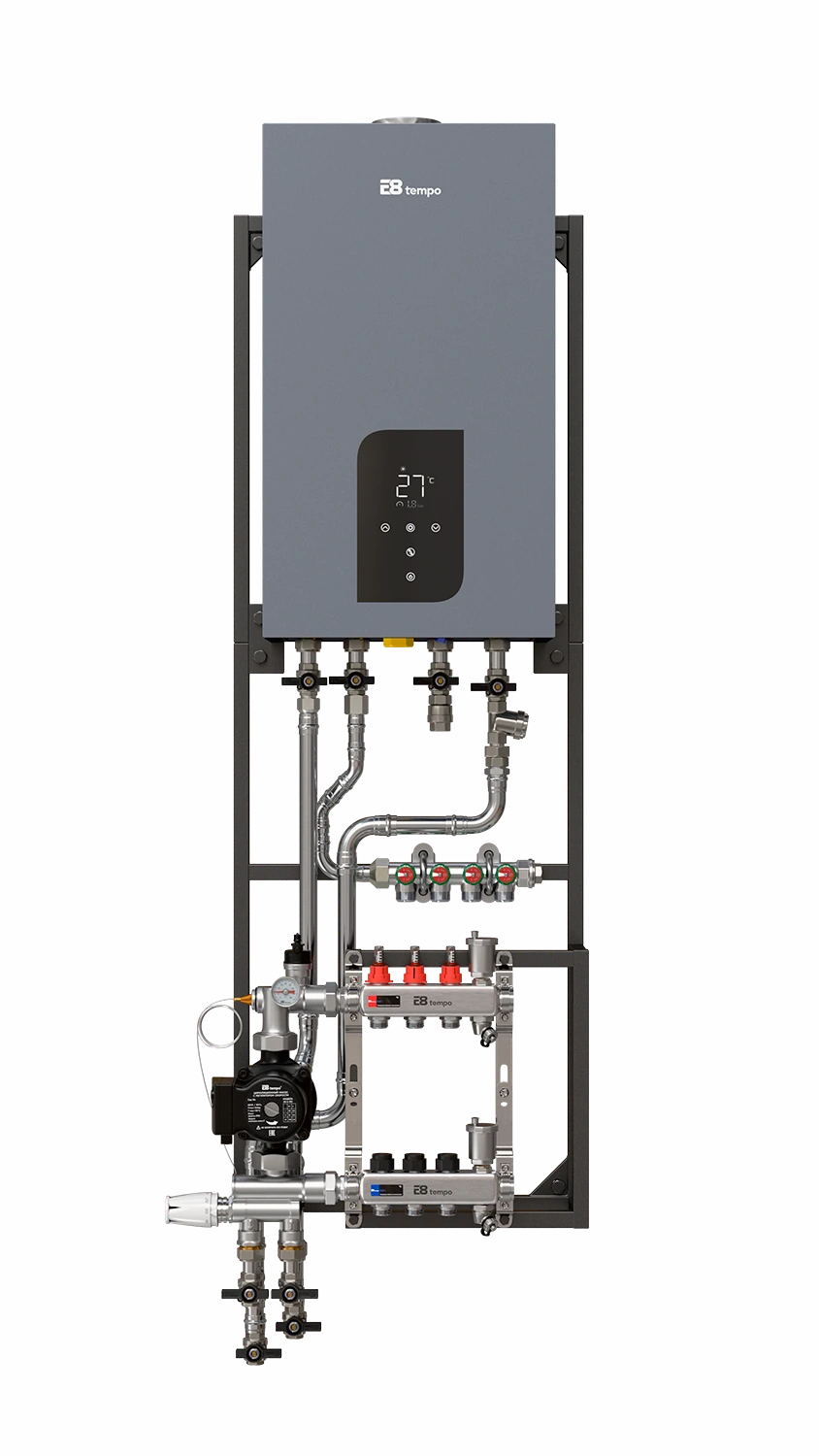 Основа системы отопления E8 HeatBox на 3 контура отопления с газовым двухконтурным котлом E8GHB24W, трубы нержавеющая сталь