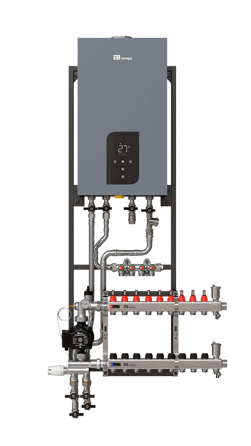 Основа системы отопления E8 HeatBox на 9 контуров отопления с газовым двухконтурным котлом E8GHB24W, трубы нержавеющая сталь