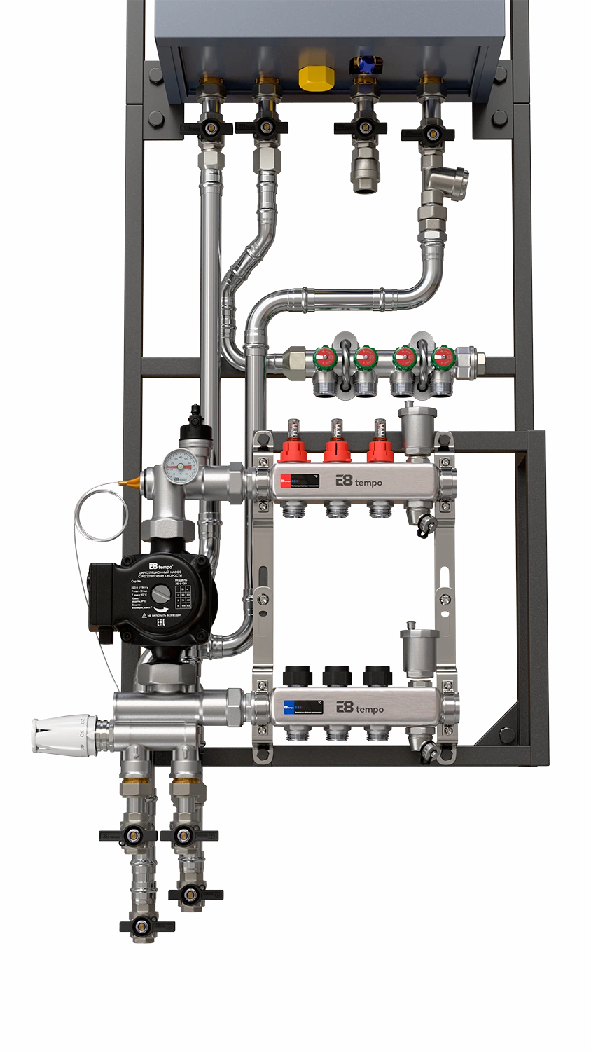 Основа системы отопления E8 HeatBox на 3 контура отопления с газовым двухконтурным котлом E8GHB24W, трубы нержавеющая сталь