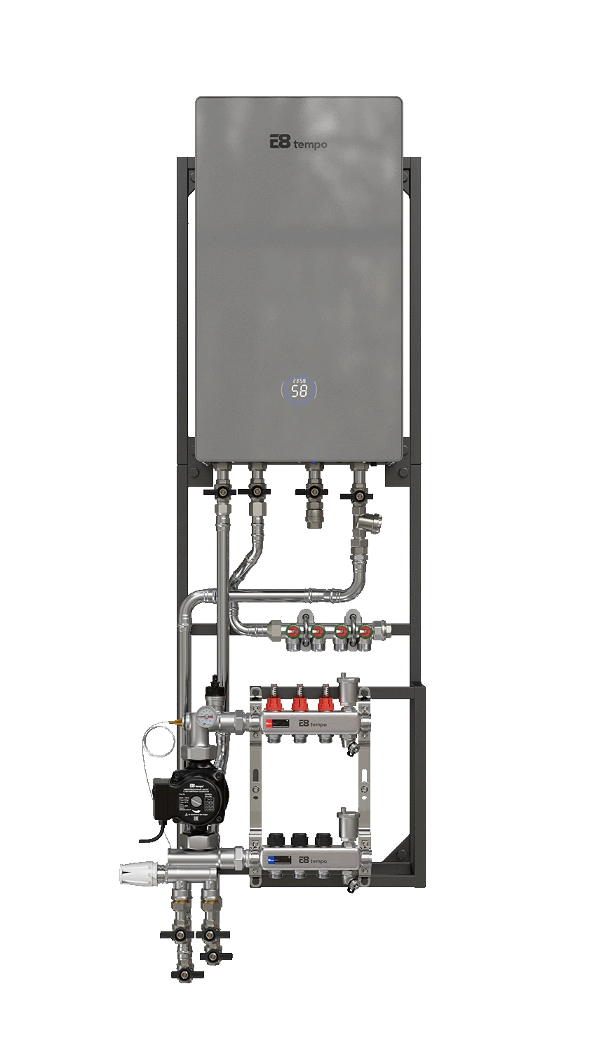 Основа системы отопления E8 HeatBox на 3 контура отопления с электрическим двухконтурным котлом EON12W, трубы нержавеющая сталь